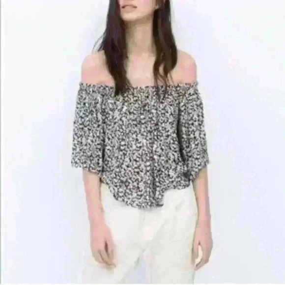 Zara Trafaluc Daisy Print Flowy Off the Shoulder‎ Crop Top Size L - Picture 1 of 6